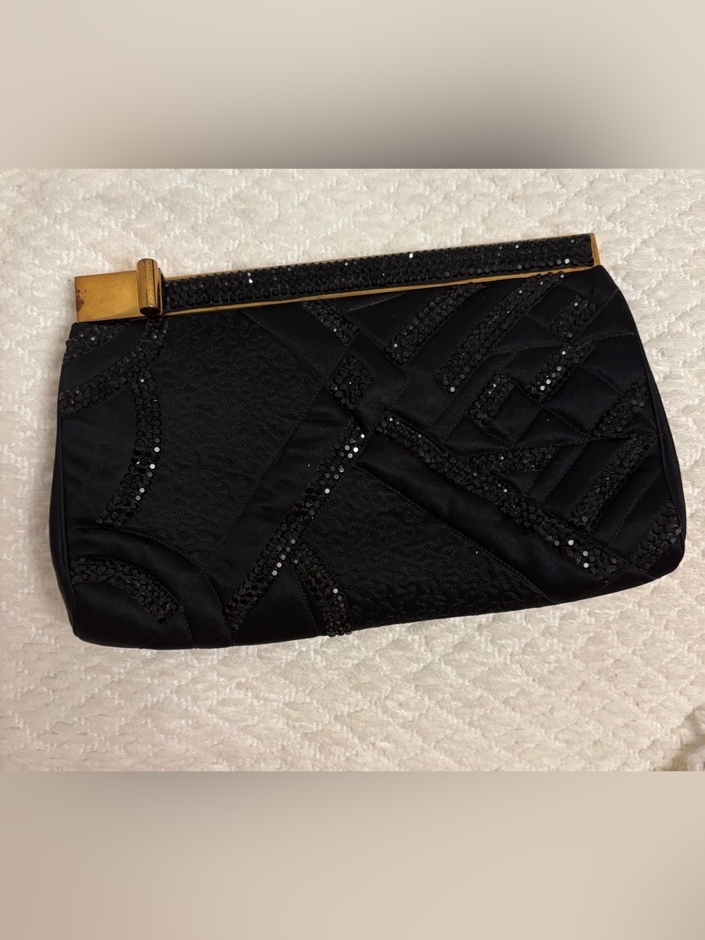 Vintage Judith Leiber Black Satin Rhinestone Crystal Art Deco Clutch Purse 9”